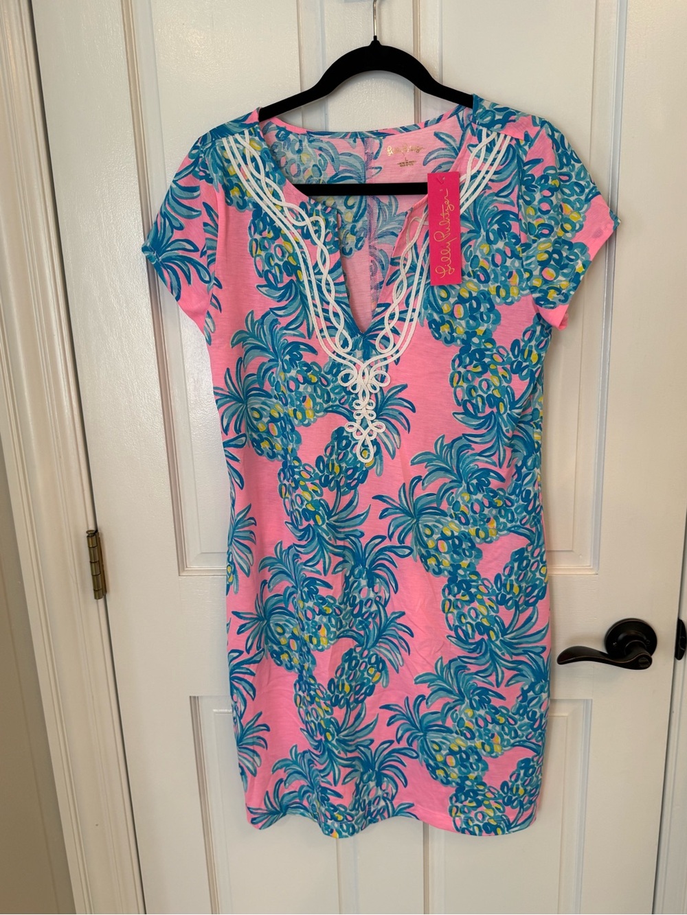 Lilly Pulitzer Pink Pineapple-Print Tunic Dress with White Embroidered Neckline